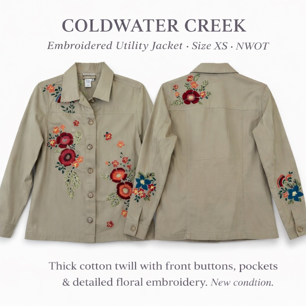 Coldwater Creek Embroidered Utility Jacket Shirt XS Floral Cotton NWOT